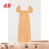 H&M 女裝裙子夏季新款泡泡袖方領(lǐng)梭織中長(zhǎng)款連衣裙0965429 深黃色/格紋 170/100