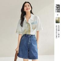 DUIBAI 對(duì)白 2023夏裝新品不對(duì)稱撞色印花女式短袖襯衫