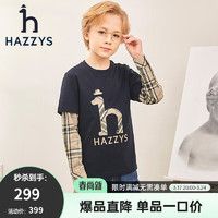 HAZZYS 哈吉斯 品牌童裝男童圓領(lǐng)衫春彈力復(fù)古拼接簡約經(jīng)典圓領(lǐng)衫 藏藍(lán) 130