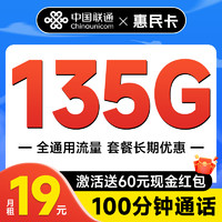 中國(guó)聯(lián)通 惠民卡 半年19元月租（暢享5G+135G全國(guó)流量+100分鐘通話）激活送60元現(xiàn)金紅包