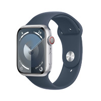 Apple 蘋果 Watch Series 9 智能手表 GPS+蜂窩網(wǎng)絡(luò)款 45mm 銀色鋁金屬表殼 風(fēng)暴藍(lán)色橡膠表帶 S/M