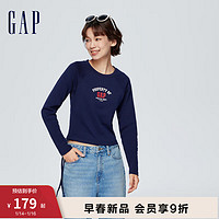 Gap 蓋璞 女裝春季2024新款LOGO學(xué)院風(fēng)修身長(zhǎng)袖T恤873874洋氣休閑上衣 海軍藍(lán) 155/76A(XS)亞洲尺碼