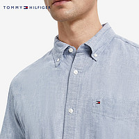 TOMMY HILFIGER 男裝休閑簡(jiǎn)約透氣棉麻小繡標(biāo)紐扣加固短袖襯衫C8278J5370 藍(lán)色420 L （推薦：150-165斤）