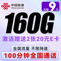 中國(guó)聯(lián)通 西柚卡 5個(gè)月9元/月（160G全國(guó)流量+100分鐘通話）送40e卡