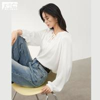 DUIBAI对白2024春秋装法式优雅高级质感捏褶系带V领灯笼袖女式长袖衬衫