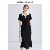 VEGA CHANG 女士短袖連衣裙 2024年夏季新款撞色POLO領(lǐng)復(fù)古開叉長(zhǎng)裙