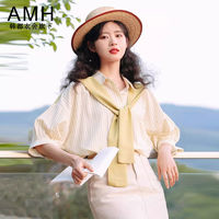 AMH韩都衣舍旗下AMH港风条纹披肩衬衫女夏季短袖宽松假两件气质上衣