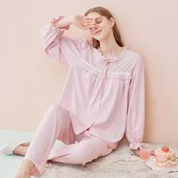 manza玛伦萨纯棉蕾丝睡衣女春季荷叶袖女士家居服套装