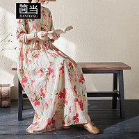 JIANDANG 簡當(dāng) 大碼女裝春季花色度假風(fēng)旅游圓領(lǐng)復(fù)古長裙遮肉連衣裙1018 西紅色花-1019 2XL