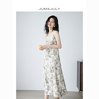 嘉茱莉新中式吊带连衣裙女V领温柔风吊带裙夏季褶皱碎花长裙Q959