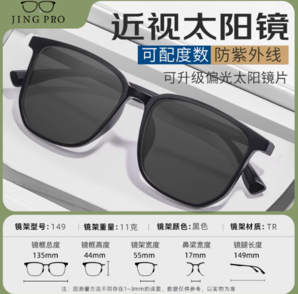 JingPro 鏡邦 1.56近視太陽鏡（含散光）+時尚GM同款鏡框多款可選