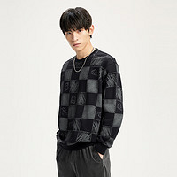 GXG 男裝 潮流棋盤格拼色休閑圓領(lǐng)長(zhǎng)袖衛(wèi)衣男 2023年秋季新款 黑色