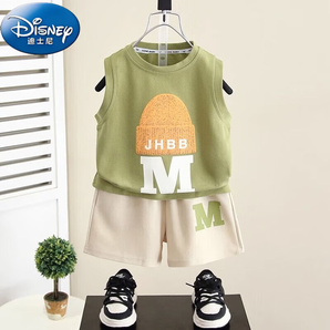 迪士尼（Disney）童裝男童夏裝背心套裝2024新款兒童寶寶衣服短褲男孩無(wú)袖上衣 豆綠色(套裝) 120建議身高110-120cm