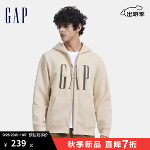 Gap男女裝2024秋季新款印花字母logo抓絨連帽衛(wèi)衣休閑外套660128 米色 180/100A(XL) 亞洲尺碼