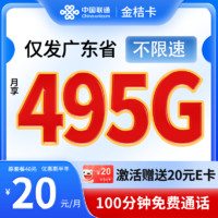 中國聯(lián)通 金桔卡 2-6月20元月租（495高速流量+100分鐘通話+支持開副卡）激活送20元E卡