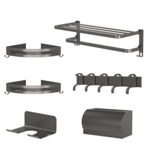 某東京造 浴室六件套免打孔衛(wèi)生置物免釘膠毛巾浴巾吹風(fēng)機掛鉤紙巾盒角架