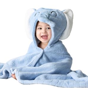 taoqibaby兒童浴巾斗篷男女孩可穿式新生嬰兒帶帽浴袍洗澡吸水速干寶寶裹巾 藍(lán)色大象【7A級抗菌】禮袋裝 120*80cm