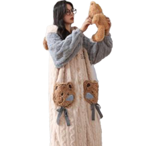 貓人睡袍女士睡衣女冬季珊瑚絨加厚加絨家居服女可愛(ài)小熊睡袍米白2XL