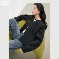 DUIBAI 對白 2024春秋裝純色氣質干練圓領箱型設計袋蓋裝飾女式短款外套