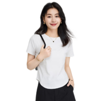 啄木鳥夏季短袖t恤女純色圓弧形下擺修身顯瘦正肩上衣通勤 白色 XL