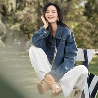 DUIBAI 對白 2024春秋裝復古摩登休閑丹寧藍白豎條紋女式翻領(lǐng)牛仔外套