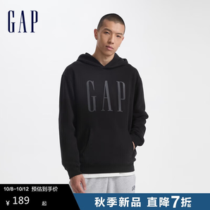 GAP男女裝2024初秋新款字母logo印花連帽抓絨長(zhǎng)袖口袋衛(wèi)衣上衣609135