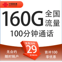 中國聯(lián)通 灰狼卡 20年29元月租（160G全國流量+100分鐘通話+5G信號(hào)）