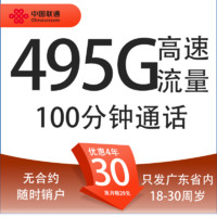 中國(guó)聯(lián)通 碧?？?4年30元月租（495G流量+100分鐘通話+只發(fā)廣東省）限18-30周歲辦理