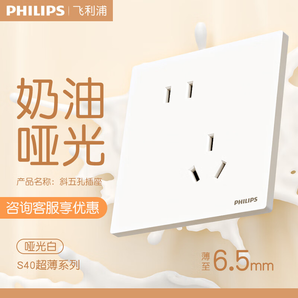 飛利浦（PHILIPS）開關(guān)插座面板啞光86型斜5五孔超薄插座家用暗裝電工電料奶油白S40 斜五孔(10A)單只
