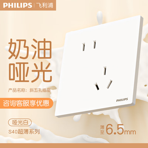 飛利浦（PHILIPS）開(kāi)關(guān)插座面板啞光86型斜5五孔超薄插座家用暗裝電工電料奶油白S40 斜五孔(10A)單只