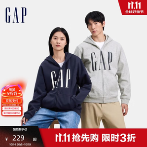 GAP男女裝2024秋季新款印花字母logo抓絨連帽衛(wèi)衣休閑外套660128