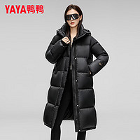 YAYA 鴨鴨羽絨服 鴨鴨（YAYA）羽絨服女長款2024年冬季新款時(shí)尚休閑連帽加厚保暖外套XJ 黑色