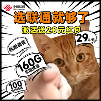 中國聯(lián)通 長期卡 20年29元月租（160G全國流量+100分鐘通話+暢享5G）激活送20元現(xiàn)金紅包