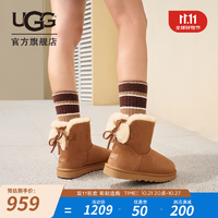 UGG秋季女士舒適時尚平底保暖迷你雙蝴蝶結款休閑雪地靴 1127130 CHE | 栗色 38