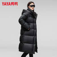 YAYA 鴨鴨羽絨服 鴨鴨（YAYA）羽絨服女長款2024年冬季新款時尚休閑連帽加厚保暖外套XJ 黑色