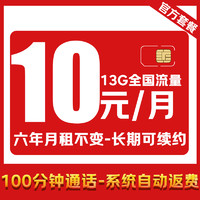 中國(guó)聯(lián)通 明月卡-6年10元/月（13G全國(guó)流量+100分鐘通話+系統(tǒng)自動(dòng)返費(fèi)+長(zhǎng)期套餐）