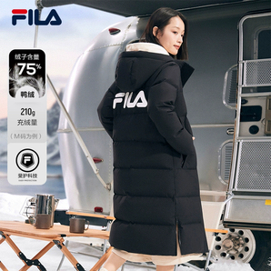 FILA 斐樂(lè)女子羽絨服秋冬加厚連帽拉鏈長(zhǎng)款防潑水防污保暖外套女