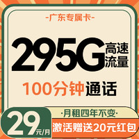 中國(guó)聯(lián)通 廣東專屬卡 2-12個(gè)月29元/月（295G高速流量+100分鐘通話+月租四年不變）