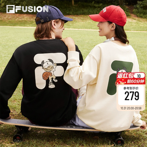 FILA FUSION斐樂潮牌情侶款加絨衛(wèi)衣男2024秋新款寬松女圓領(lǐng)上衣