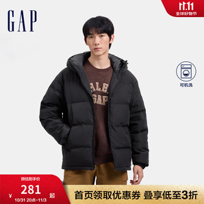 Gap男裝2024秋冬新款徽章logo抽繩立領(lǐng)677652連帽羽絨服純色外套 黑色 175/96A(L) 亞洲尺碼