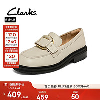 Clarks 其樂 女鞋單鞋樂福鞋豆豆鞋休閑百搭方跟一腳蹬女士皮鞋 白色