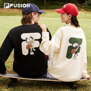 FILA FUSION斐樂潮牌情侶款加絨衛(wèi)衣男2024秋新款寬松女圓領上衣