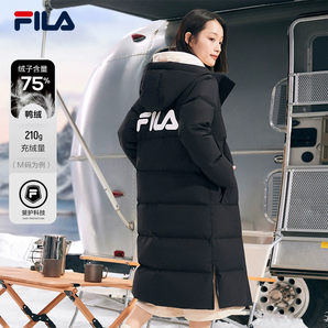 FILA 斐樂女子羽絨服秋冬加厚連帽拉鏈長款防潑水防污保暖外套女