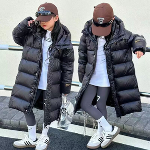 貝嬰初（BEIYINGCHU）新款兒童黑金羽絨服男童女童中大童親子裝長款過膝白鴨絨加厚外套 黑色 170cm