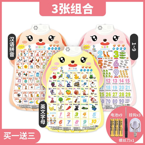 樂樂魚兒童有聲掛圖寶寶早教拼音字母表墻貼學習九九乘法口訣背誦神器 兔子掛圖3張【拼音+英文+1-9】