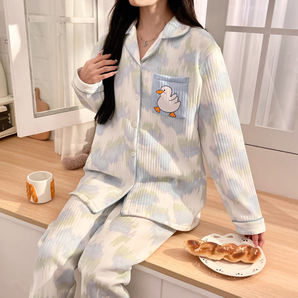 婧麒（JOYNCLEON）月子服秋冬產后空氣棉孕婦睡衣女秋冬懷孕期產婦可哺乳家居服套裝 藍口袋鴨Jsy152303 XL碼