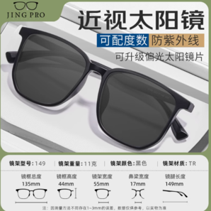 JingPro 鏡邦 1.60近視太陽鏡（含散光）+時尚GM大框多款可選