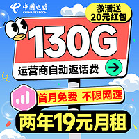 中國電信 祥瑞卡 2年19元月租（自動返費+130G全國流量+首月免月租+暢享5G）激活送20元紅包