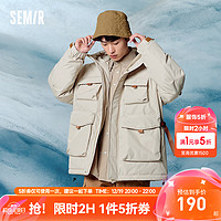 Semir 森馬 羽絨服男冬季休閑多口袋工裝風時尚輕薄寬松連帽外套 170克絨 淺卡其