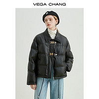 VEGA CHANG 啞光PU皮羽絨服女2024年秋冬小個(gè)子白鴨絨短款外套 黑色 S